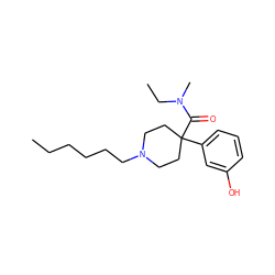 CCCCCCN1CCC(C(=O)N(C)CC)(c2cccc(O)c2)CC1 ZINC000222857357
