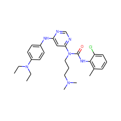 CCN(CC)c1ccc(Nc2cc(N(CCCN(C)C)C(=O)Nc3c(C)cccc3Cl)ncn2)cc1 ZINC000053159854