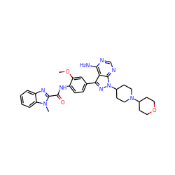 COc1cc(-c2nn(C3CCN(C4CCOCC4)CC3)c3ncnc(N)c23)ccc1NC(=O)c1nc2ccccc2n1C ZINC000028565301