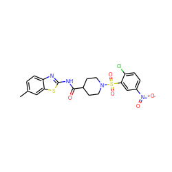 Cc1ccc2nc(NC(=O)C3CCN(S(=O)(=O)c4cc([N+](=O)[O-])ccc4Cl)CC3)sc2c1 ZINC000008692780