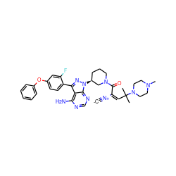 [C-]#[N+]/C(=C/C(C)(C)N1CCN(C)CC1)C(=O)N1CCC[C@H](n2nc(-c3ccc(Oc4ccccc4)cc3F)c3c(N)ncnc32)C1 ZINC001772578668