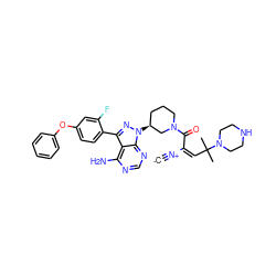 [C-]#[N+]/C(=C/C(C)(C)N1CCNCC1)C(=O)N1CCC[C@H](n2nc(-c3ccc(Oc4ccccc4)cc3F)c3c(N)ncnc32)C1 ZINC001772602268