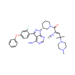 [C-]#[N+]/C(=C\C(C)(C)N1CCN(C)CC1)C(=O)N1CCC[C@@H](n2nc(-c3ccc(Oc4ccccc4)cc3F)c3c(N)ncnc32)C1 ZINC000261083581