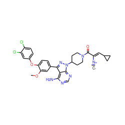 [C-]#[N+]/C(=C\C1CC1)C(=O)N1CCC(n2nc(-c3ccc(Oc4ccc(Cl)c(Cl)c4)c(OC)c3)c3c(N)ncnc32)CC1 ZINC001772576044