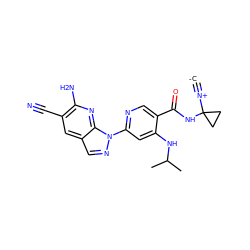 [C-]#[N+]C1(NC(=O)c2cnc(-n3ncc4cc(C#N)c(N)nc43)cc2NC(C)C)CC1 ZINC001772631424