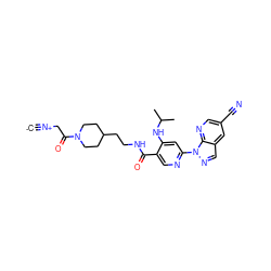 [C-]#[N+]CC(=O)N1CCC(CCNC(=O)c2cnc(-n3ncc4cc(C#N)cnc43)cc2NC(C)C)CC1 ZINC001772611338