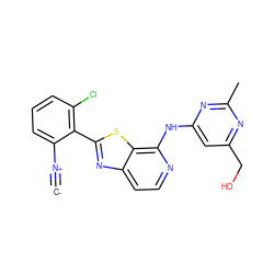 [C-]#[N+]c1cccc(Cl)c1-c1nc2ccnc(Nc3cc(CO)nc(C)n3)c2s1 ZINC000169701533