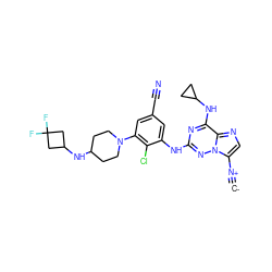 [C-]#[N+]c1cnc2c(NC3CC3)nc(Nc3cc(C#N)cc(N4CCC(NC5CC(F)(F)C5)CC4)c3Cl)nn12 ZINC000169711901