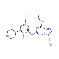 [C-]#[N+]c1cnc2c(NCC)nc(Nc3cc(C#N)cc(C4CCNCC4)c3Cl)nn12 ZINC000169711951