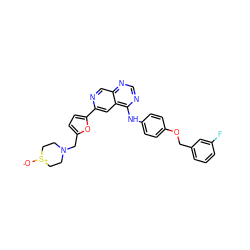 [O-][S+]1CCN(Cc2ccc(-c3cc4c(Nc5ccc(OCc6cccc(F)c6)cc5)ncnc4cn3)o2)CC1 ZINC000138152391