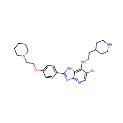 Brc1cnc2nc(-c3ccc(OCCN4CCCCC4)cc3)[nH]c2c1NCCC1CCNCC1 ZINC000084597045