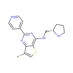 Brc1csc2c(NC[C@@H]3CCCN3)nc(-c3ccncc3)nc12 ZINC000223675132