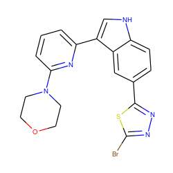 Brc1nnc(-c2ccc3[nH]cc(-c4cccc(N5CCOCC5)n4)c3c2)s1 ZINC000204773018