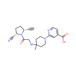 C#C[C@H]1CC[C@@H](C#N)N1C(=O)CNC1(C)CCN(c2cc(C(=O)O)ccn2)CC1 ZINC000014950346