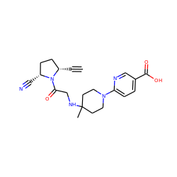 C#C[C@H]1CC[C@@H](C#N)N1C(=O)CNC1(C)CCN(c2ccc(C(=O)O)cn2)CC1 ZINC000014950343