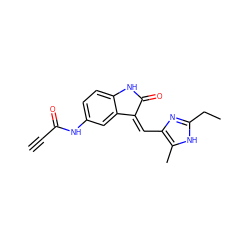 C#CC(=O)Nc1ccc2c(c1)/C(=C/c1nc(CC)[nH]c1C)C(=O)N2 ZINC000072108869