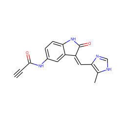 C#CC(=O)Nc1ccc2c(c1)/C(=C/c1nc[nH]c1C)C(=O)N2 ZINC000072108868