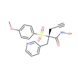 C#CC[C@](Cc1cccnc1)(C(=O)NO)S(=O)(=O)c1ccc(OC)cc1 ZINC000013520847