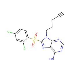 C#CCCCn1c(S(=O)(=O)c2ccc(Cl)cc2Cl)nc2c(N)ncnc21 ZINC000299871942