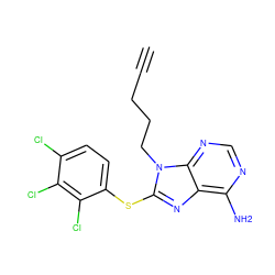 C#CCCCn1c(Sc2ccc(Cl)c(Cl)c2Cl)nc2c(N)ncnc21 ZINC000299868820