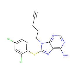 C#CCCCn1c(Sc2ccc(Cl)cc2Cl)nc2c(N)ncnc21 ZINC000013642755