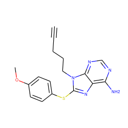 C#CCCCn1c(Sc2ccc(OC)cc2)nc2c(N)ncnc21 ZINC000013642743