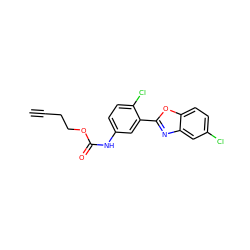 C#CCCOC(=O)Nc1ccc(Cl)c(-c2nc3cc(Cl)ccc3o2)c1 ZINC000029230335