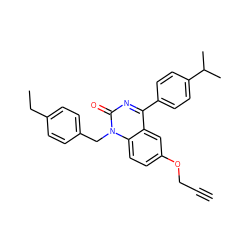 C#CCOc1ccc2c(c1)c(-c1ccc(C(C)C)cc1)nc(=O)n2Cc1ccc(CC)cc1 ZINC000045367083