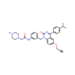 C#CCOc1ccc2c(c1)c(-c1ccc(C(C)C)cc1)nc(=O)n2Cc1cccc(NC(=O)CN2CCN(C)CC2)c1 ZINC000049746213