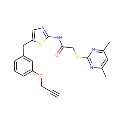 C#CCOc1cccc(Cc2cnc(NC(=O)CSc3nc(C)cc(C)n3)s2)c1 ZINC001772768759