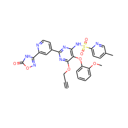 C#CCOc1nc(-c2ccnc(-c3noc(=O)[nH]3)c2)nc(NS(=O)(=O)c2ccc(C)cn2)c1Oc1ccccc1OC ZINC000028005874