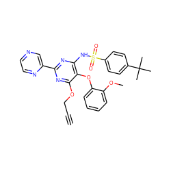 C#CCOc1nc(-c2cnccn2)nc(NS(=O)(=O)c2ccc(C(C)(C)C)cc2)c1Oc1ccccc1OC ZINC000028018266