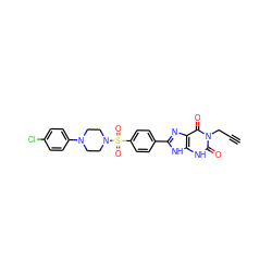 C#CCn1c(=O)[nH]c2[nH]c(-c3ccc(S(=O)(=O)N4CCN(c5ccc(Cl)cc5)CC4)cc3)nc2c1=O ZINC000042888355