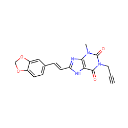 C#CCn1c(=O)c2[nH]c(/C=C/c3ccc4c(c3)OCO4)nc2n(C)c1=O ZINC000013776420