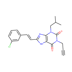 C#CCn1c(=O)c2[nH]c(/C=C/c3cccc(Cl)c3)nc2n(CC(C)C)c1=O ZINC000013776407