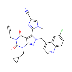 C#CCn1c(=O)c2c(-c3nc(C#N)cn3C)n(Cc3ccnc4ccc(Cl)cc34)nc2n(CC2CC2)c1=O ZINC000084741565