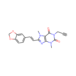 C#CCn1c(=O)c2c(nc(/C=C/c3ccc4c(c3)OCO4)n2C)n(C)c1=O ZINC000013776422