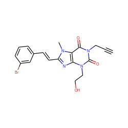 C#CCn1c(=O)c2c(nc(/C=C/c3cccc(Br)c3)n2C)n(CCO)c1=O ZINC000013804952