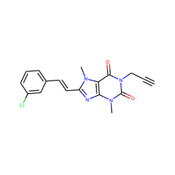 C#CCn1c(=O)c2c(nc(/C=C/c3cccc(Cl)c3)n2C)n(C)c1=O ZINC000013776403