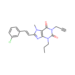 C#CCn1c(=O)c2c(nc(/C=C/c3cccc(Cl)c3)n2C)n(CCC)c1=O ZINC000013776405