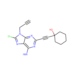 C#CCn1c(Cl)nc2c(N)nc(C#CC3(O)CCCCC3)nc21 ZINC000144150805