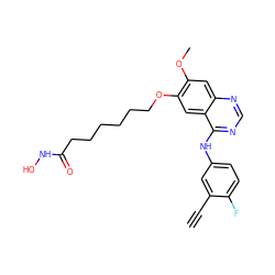 C#Cc1cc(Nc2ncnc3cc(OC)c(OCCCCCCC(=O)NO)cc23)ccc1F ZINC000045355527