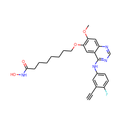 C#Cc1cc(Nc2ncnc3cc(OC)c(OCCCCCCCC(=O)NO)cc23)ccc1F ZINC001772657404