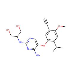 C#Cc1cc(Oc2cnc(NC(CO)CO)nc2N)c(C(C)C)cc1OC ZINC000148174792