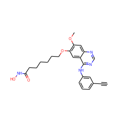 C#Cc1cccc(Nc2ncnc3cc(OC)c(OCCCCCCC(=O)NO)cc23)c1 ZINC000043196377