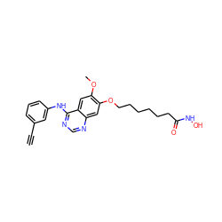 C#Cc1cccc(Nc2ncnc3cc(OCCCCCCC(=O)NO)c(OC)cc23)c1 ZINC000045357549