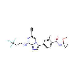 C#Cc1cn2c(-c3ccc(C(=O)NC4(OC)CC4)c(C)c3)cnc2c(NCCC(F)(F)F)n1 ZINC000146938839