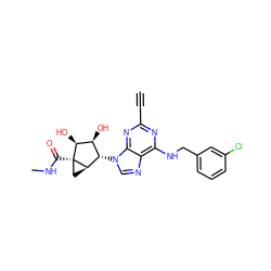 C#Cc1nc(NCc2cccc(Cl)c2)c2ncn([C@H]3[C@H](O)[C@H](O)[C@]4(C(=O)NC)C[C@H]34)c2n1 ZINC000029045608