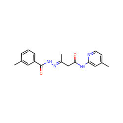 C/C(CC(=O)Nc1cc(C)ccn1)=N\NC(=O)c1cccc(C)c1 ZINC000004697903