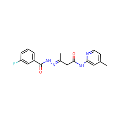 C/C(CC(=O)Nc1cc(C)ccn1)=N\NC(=O)c1cccc(F)c1 ZINC000004697904